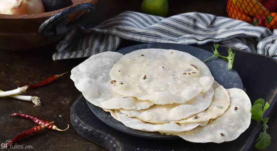 gluten free flour tortillas stack with chilis | gfJules_