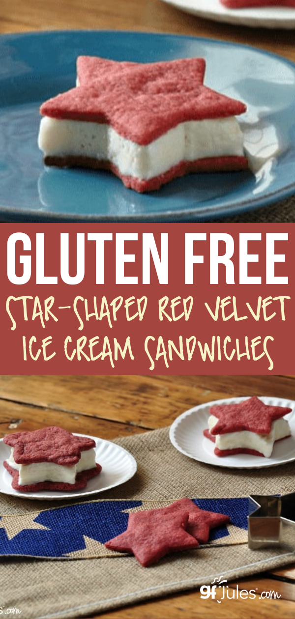 Gluten Free star-shaped red velvet ice cream sandwiches