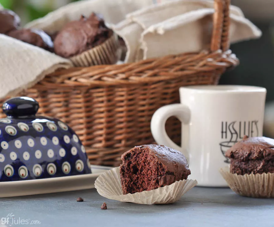 gluten free chocolate chocolate chip muffins with basket | gfJules