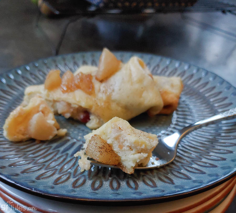 gluten free dairy free blintzes with spiced maple pears on plate bite | gfJules