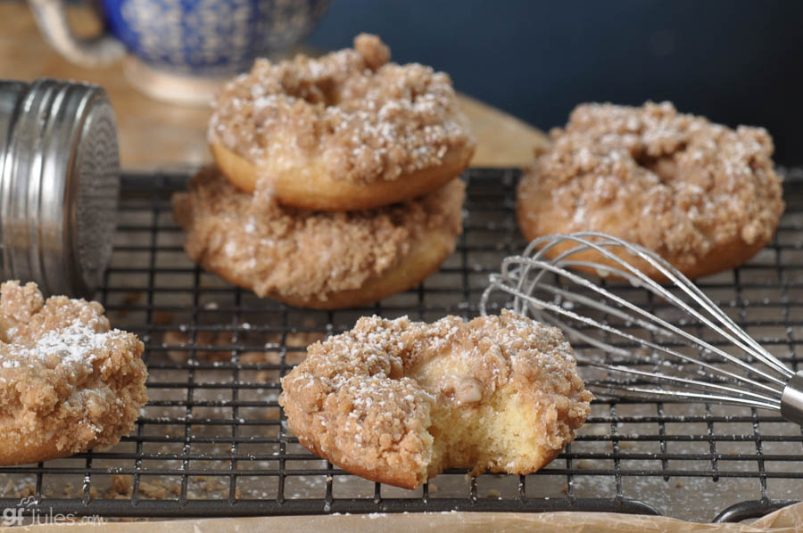 gluten free crumb donuts on rack with bite | gfJules