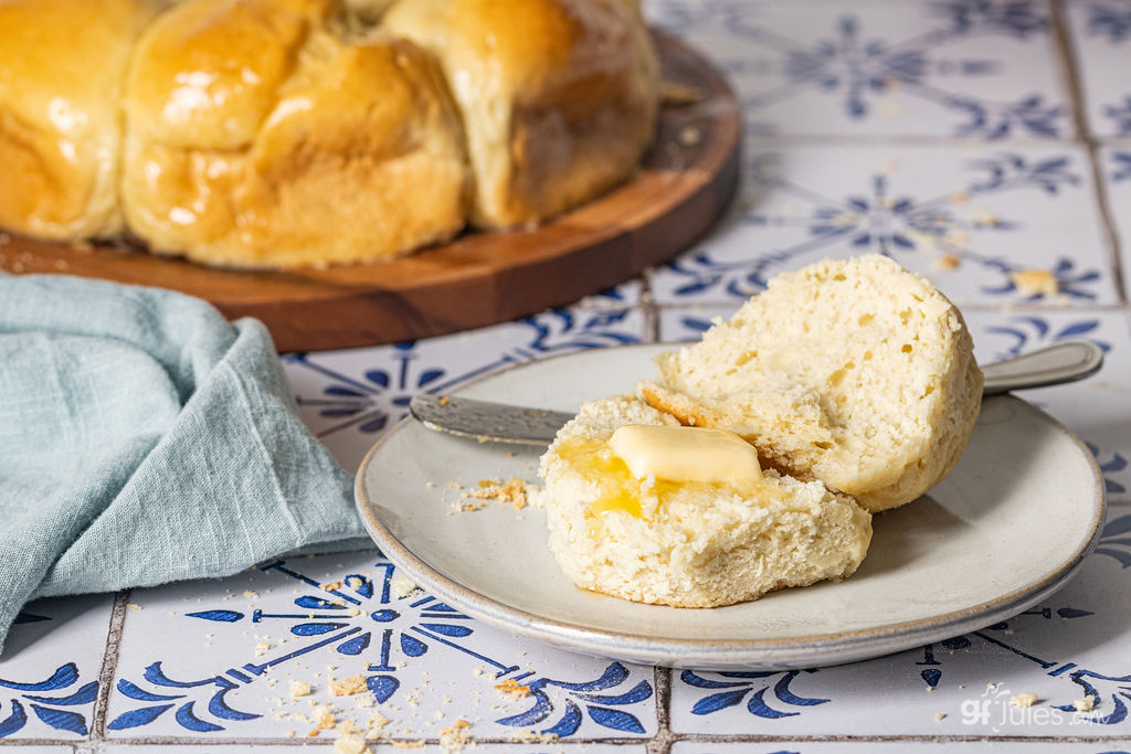Gluten Free Pull Apart Dinner Roll with butter made with gfJules Flour; Photograph by: R.Mora Photography.