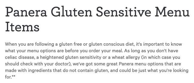 Panera "gluten conscious" menu