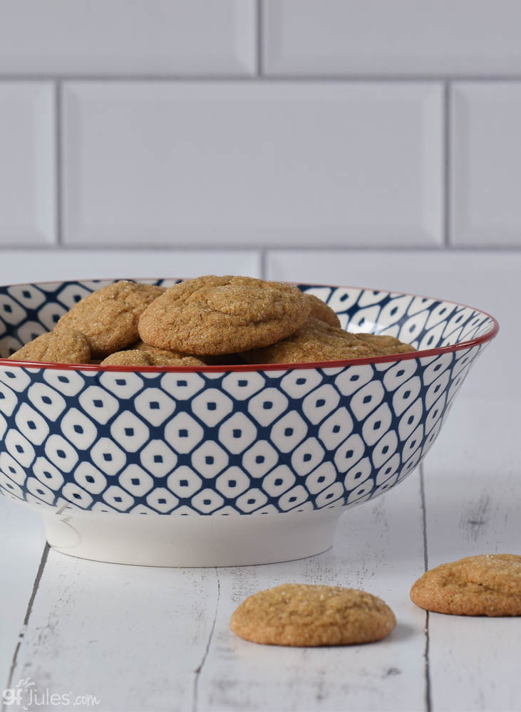 soft gluten free molasses cookies in bowl V | gfJules