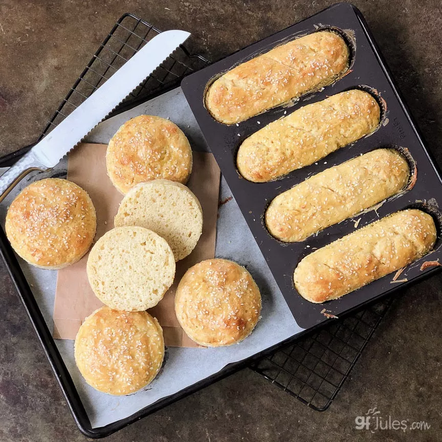 gluten free hamburger and hot dog buns sliced