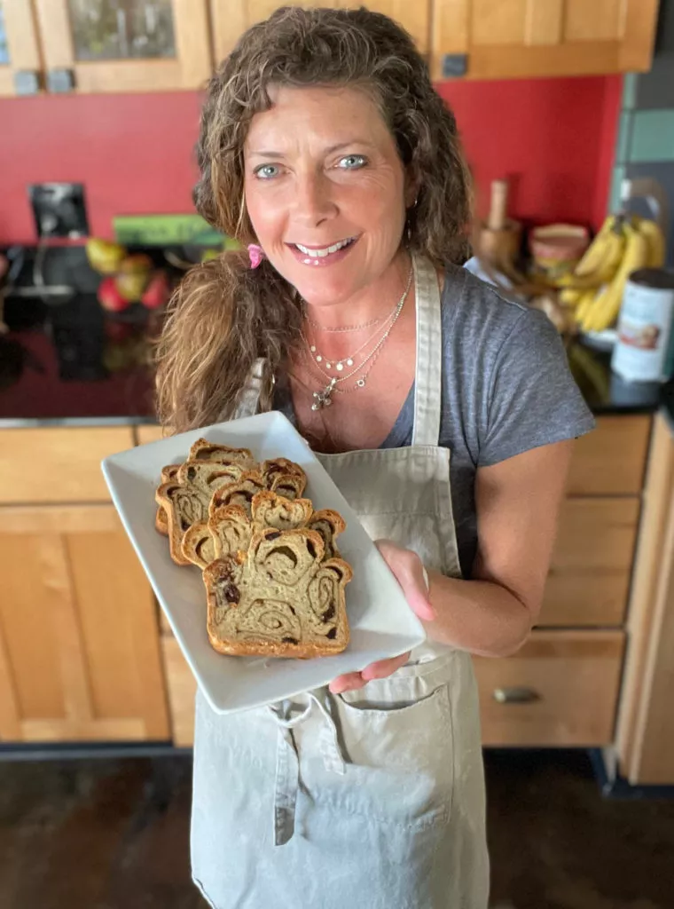 Jules in the Kitchen with gluten free cinnamon swirl bread