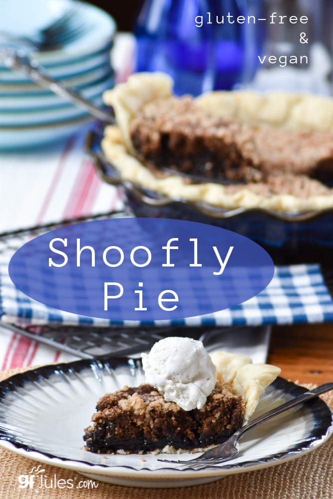 vegan and gluten free shoo fly pie slice with pie and ice cream pin | gfJules