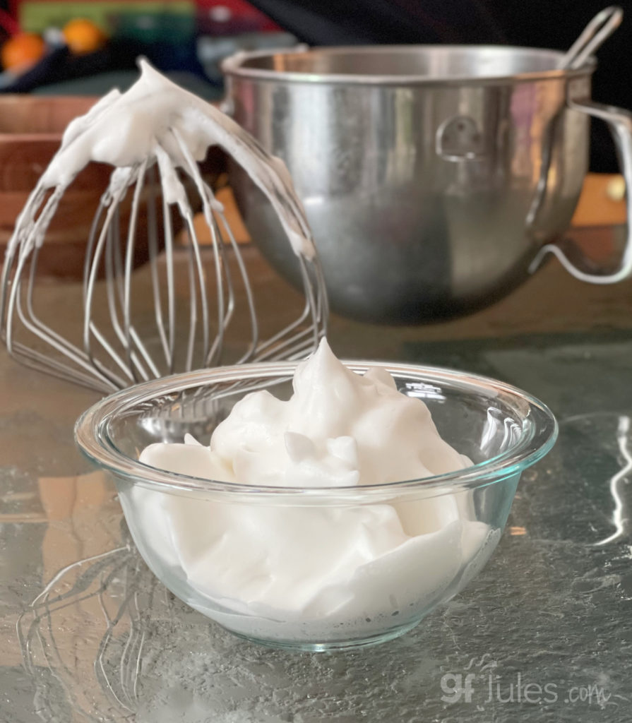 Stiffly beaten aquafaba as egg white replacement.