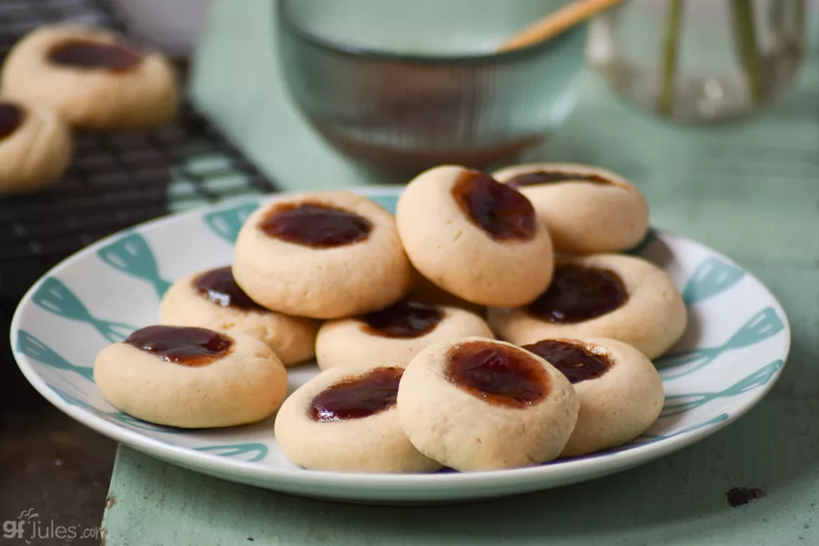 gluten free thumbprint cookies on plate | gfJules