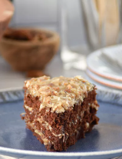 gluten free german chocolate cake slice head-on CU | gfJules