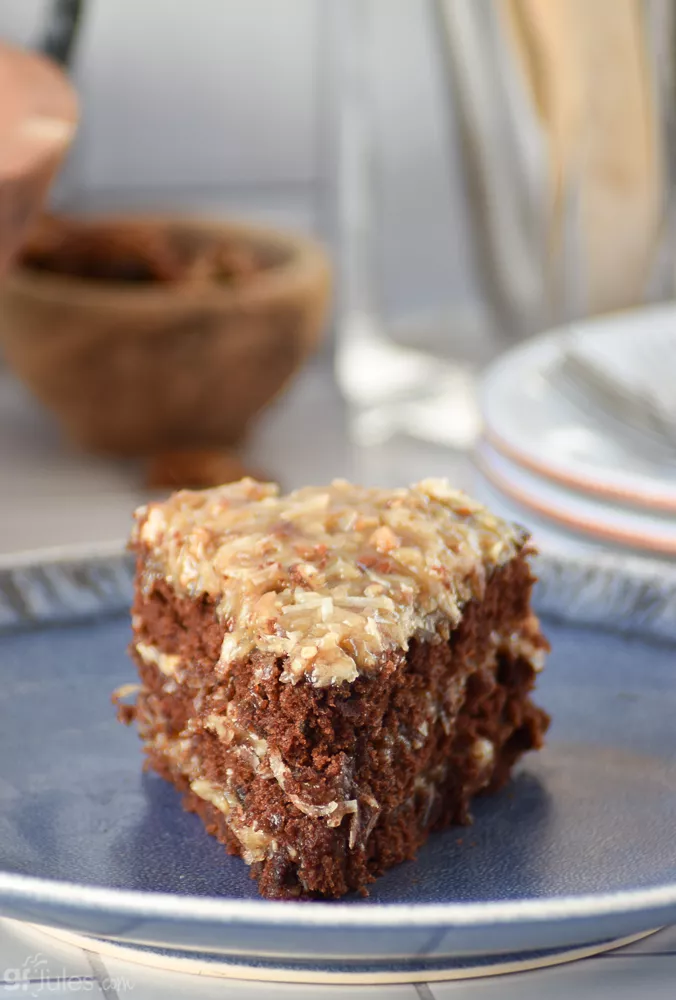 gluten free german chocolate cake slice head-on CU | gfJules