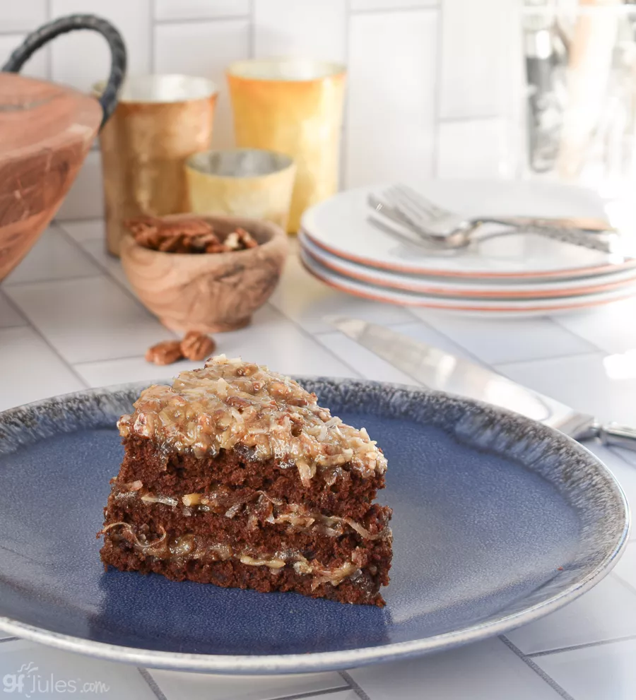 gluten free german chocolate cake slice on blue plate 2 | gfJules