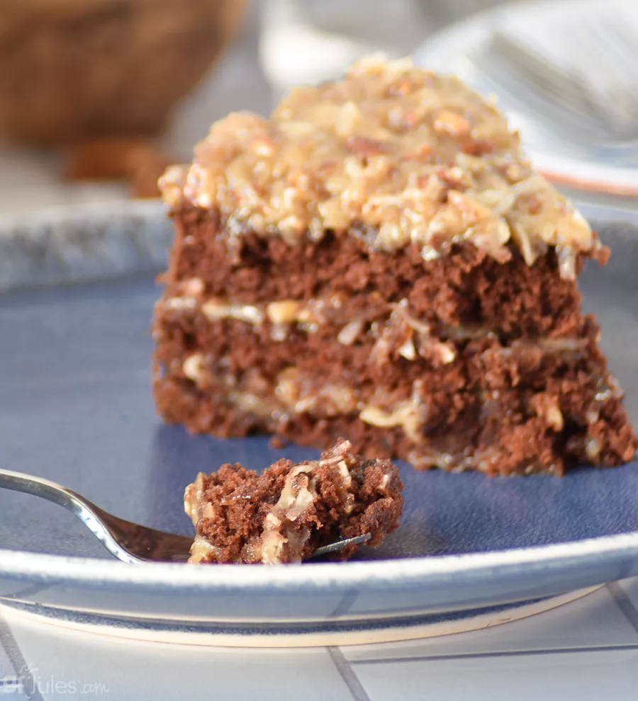 gluten free german chocolate cake slice on fork CU | gfJules