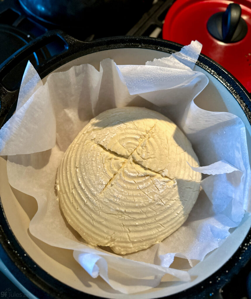 gf sourdough after rising in Dutch oven-2