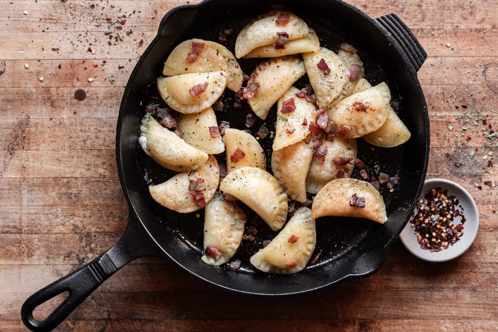 gluten free pierogi in cast iron pan