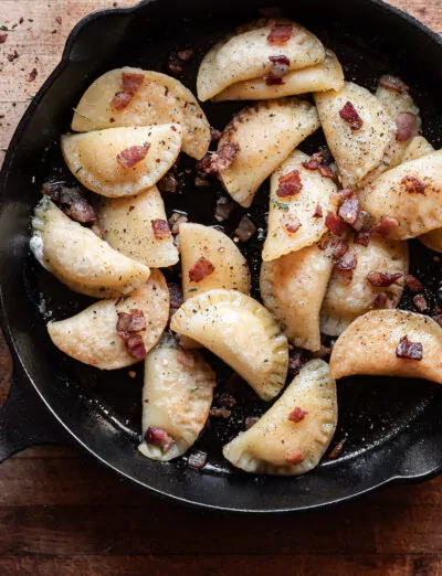 gluten free pierogi in cast iron pan