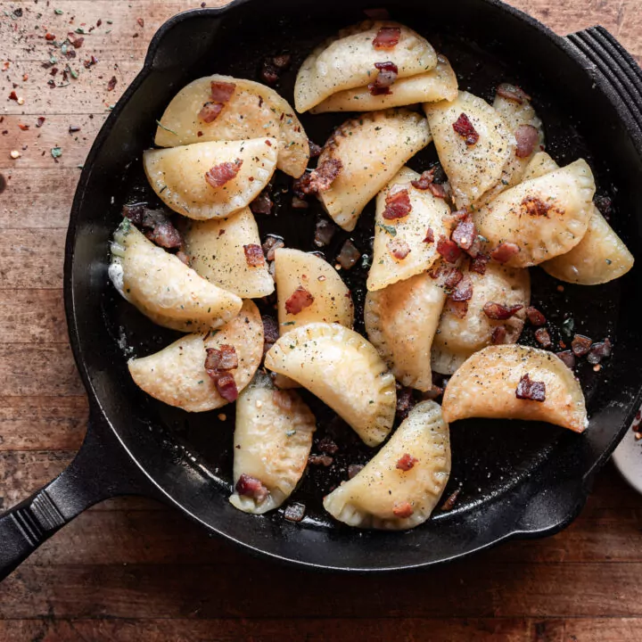 gluten free pierogi in cast iron pan