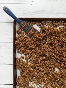 gluten free granola with fruit overhead on tray