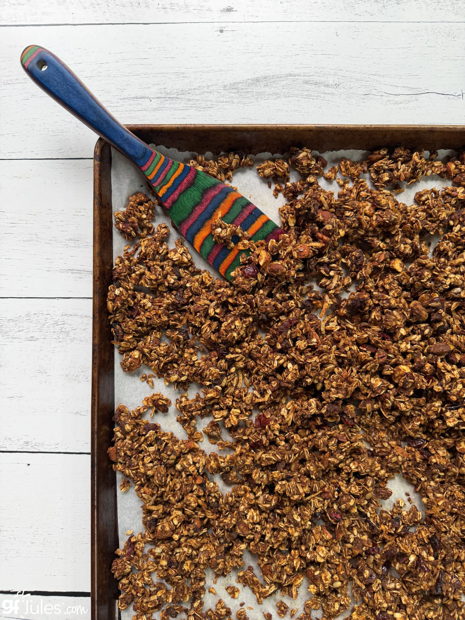 gluten free granola with fruit overhead on tray