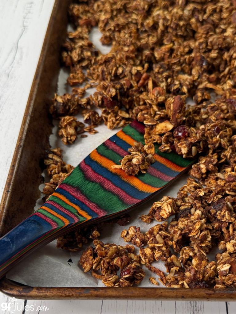 gluten free granola with fruit on tray 