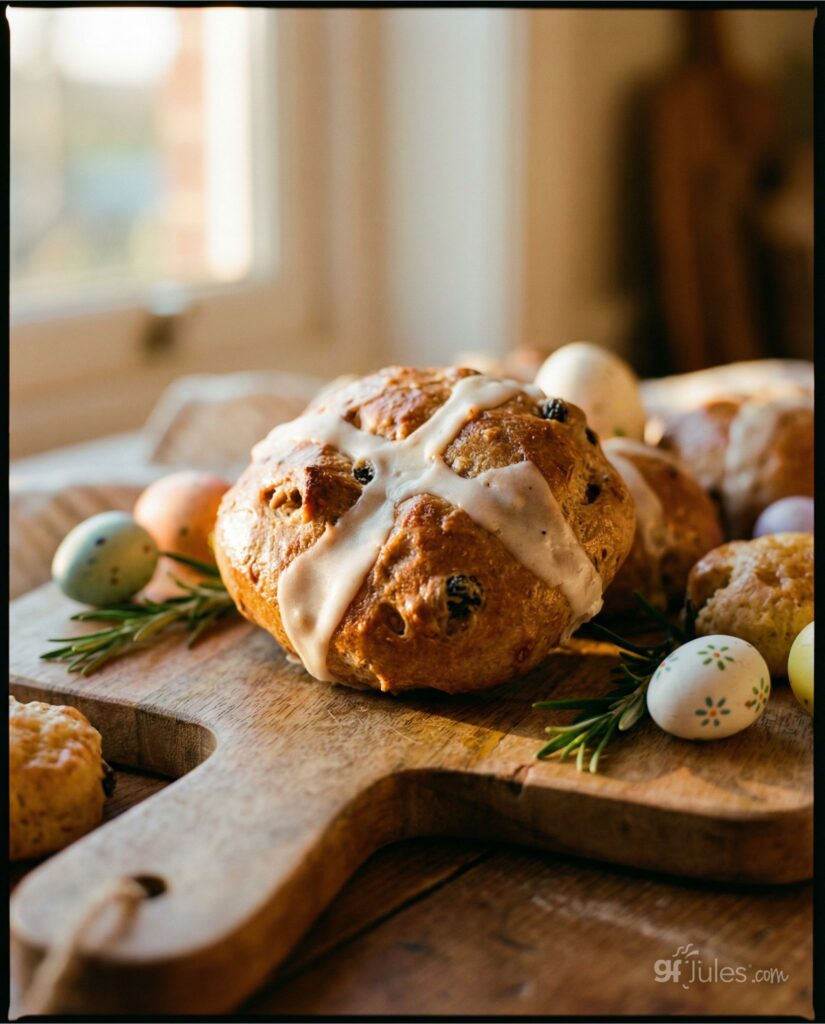 gluten free hot cross bun with easter eggs