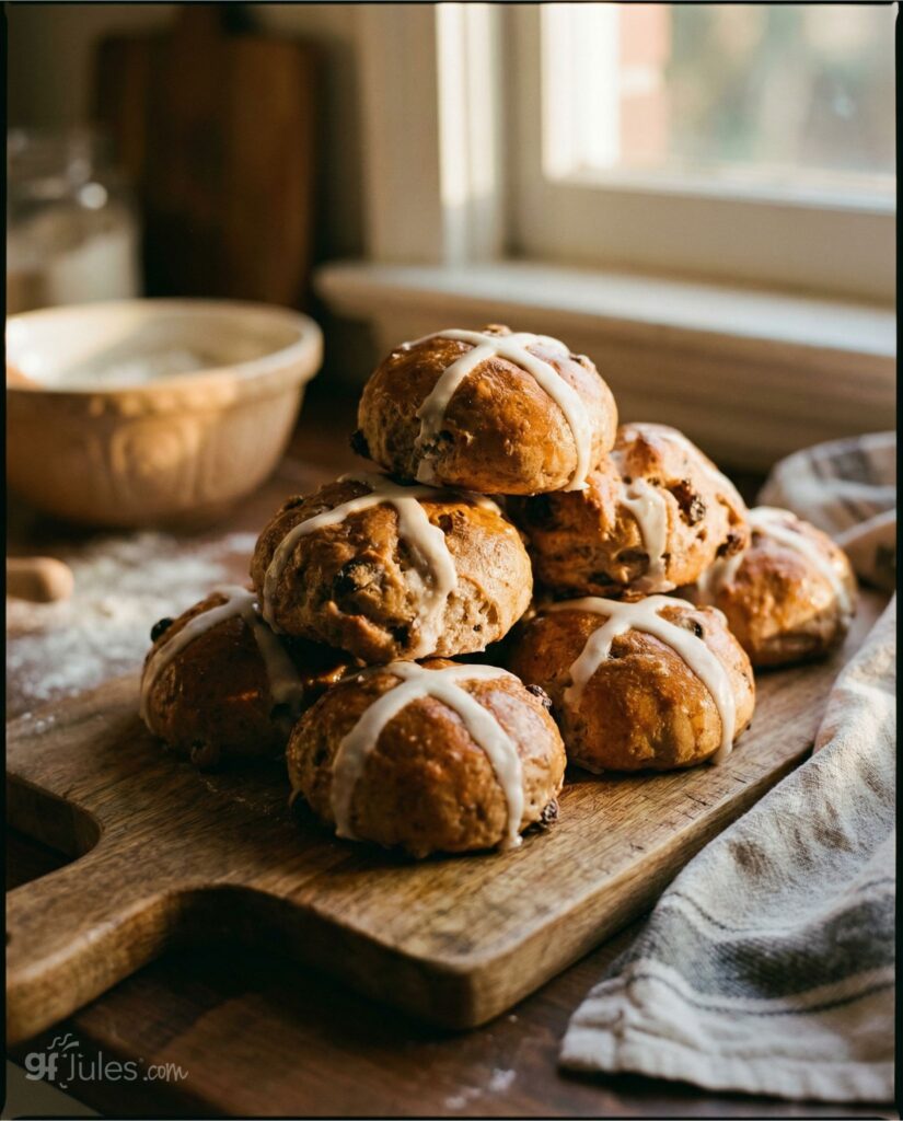 gluten free hot cross buns stacked