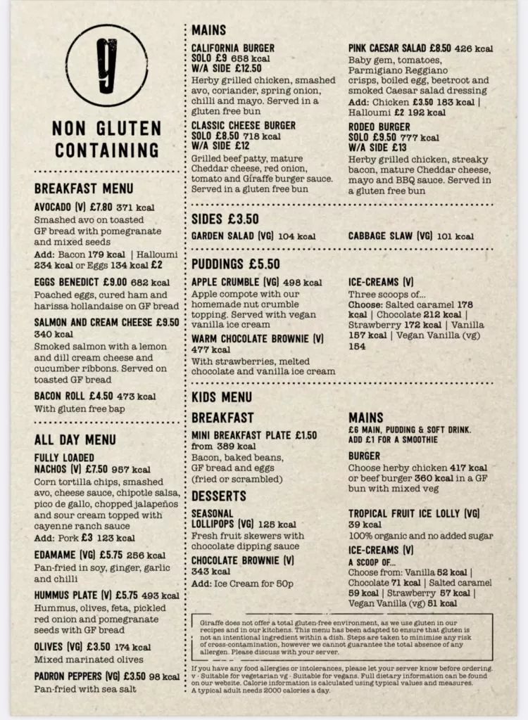 Giraffe non gluten containing menu at Heathrow Terminal 5