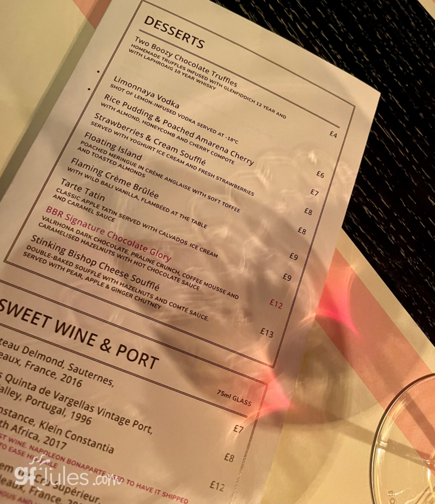 Bob Bob Ricard upscale gluten free dining in London - gluten free dessert menu | gfJules