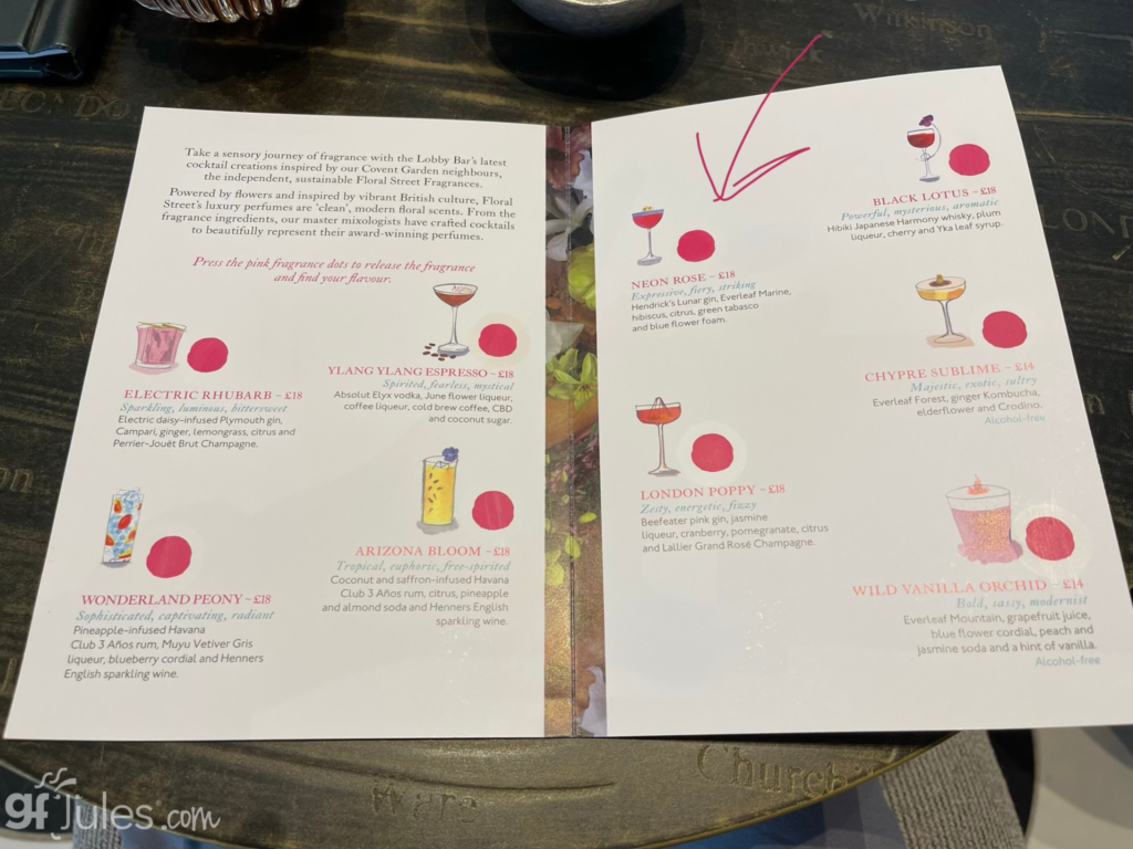 Indigo at One Aldwych scratch and sniff drink menu