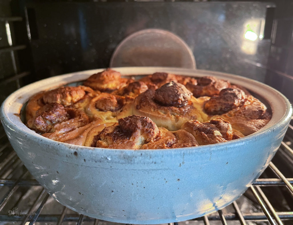 gluten free earl grey overnight cinnamon rolls out of the oven