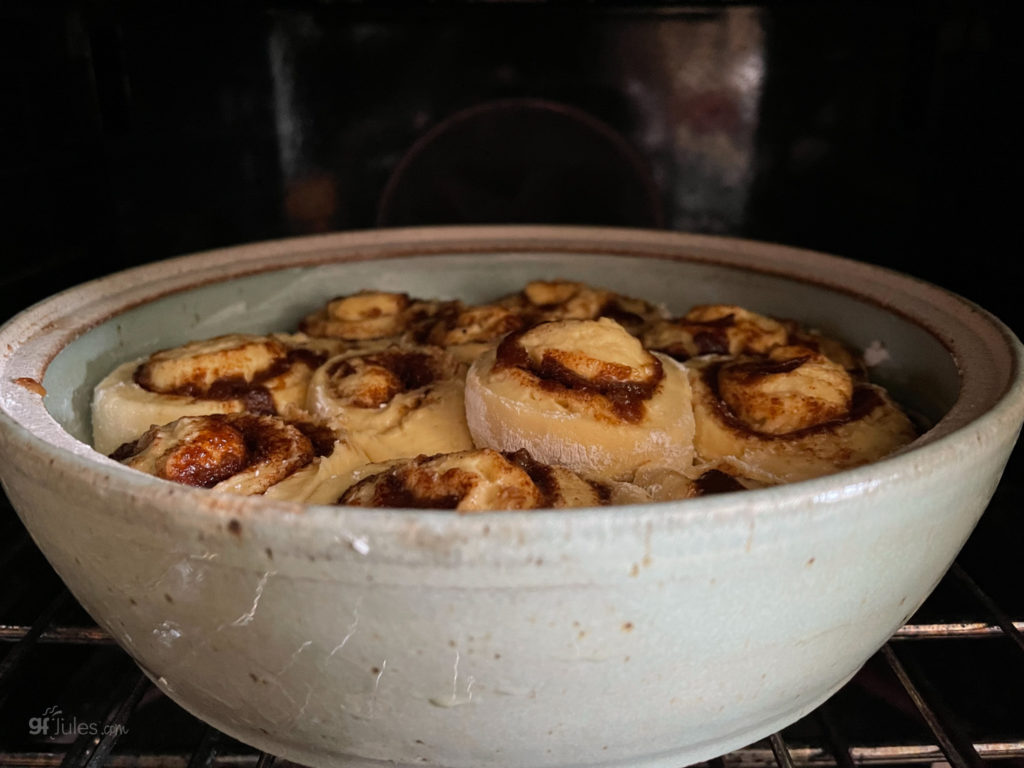 gluten free earl grey overnight cinnamon rolls going into the oven