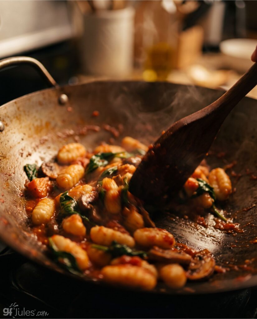 gluten free gnocchi stirred in wok
