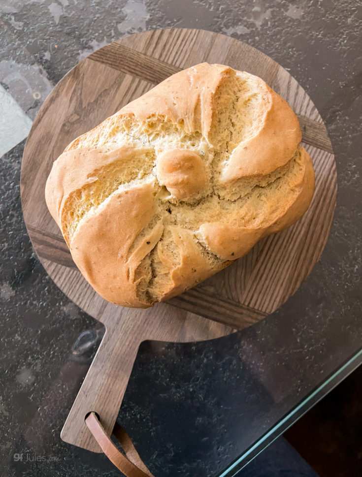 gluten free Italian Bread made in Panasonic Bread Machine overhead on board