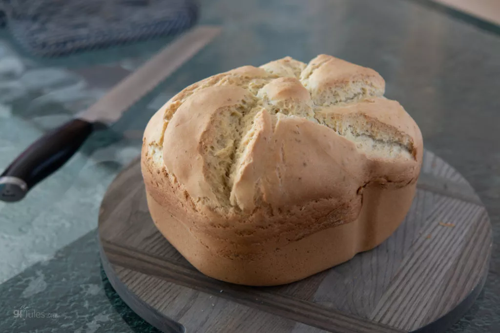 gluten free Italian Bread made in Panasonic Bread Machine side view with knife