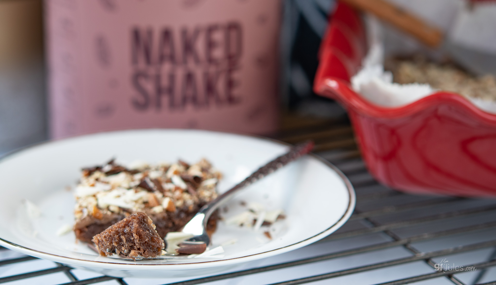 Gluten Free Texas Sheet Cake made with Naked Shake fork with bite