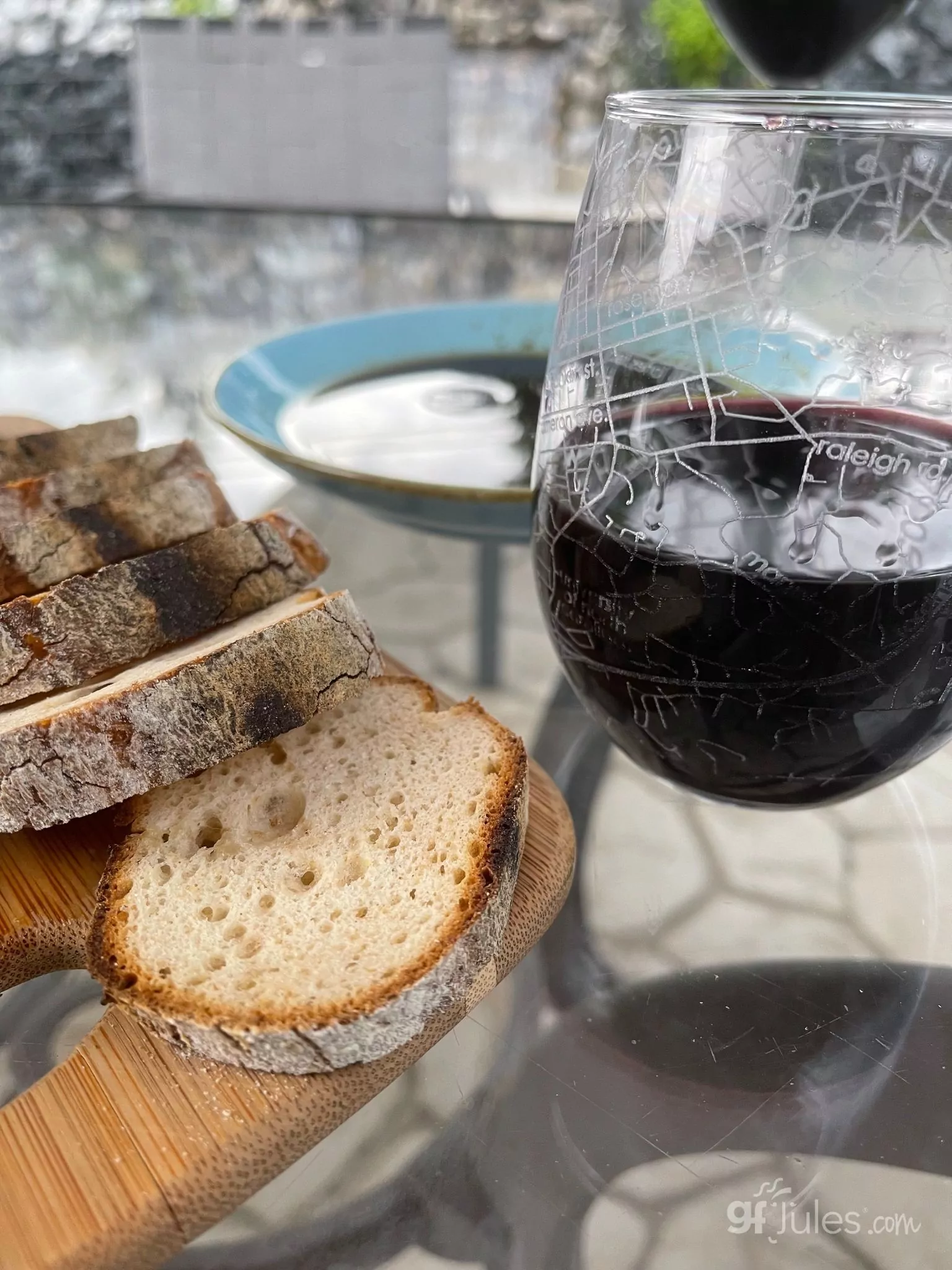 well told wine glass with gluten free baguette