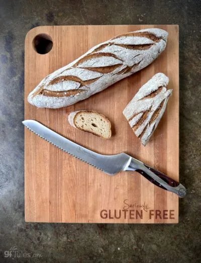 gfJules gluten free baguette on Words with Boards Seriously Gluten Free Board with Heritage Steel Bread Knife