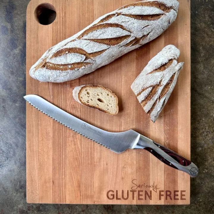 gfJules gluten free baguette on Words with Boards Seriously Gluten Free Board with Heritage Steel Bread Knife