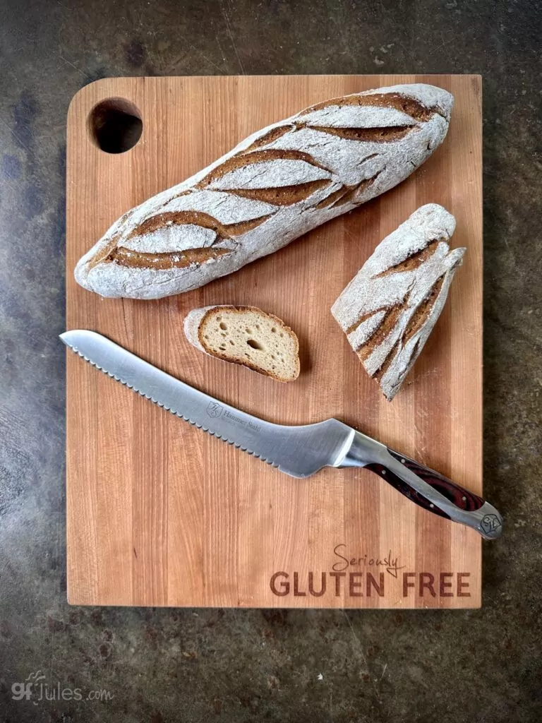 gfJules gluten free baguette on Words with Boards Seriously Gluten Free Board with Heritage Steel Bread Knife