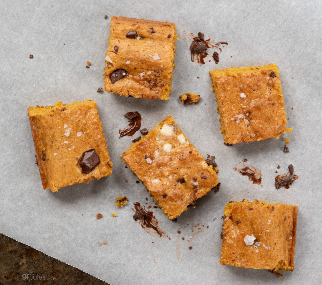 Gluten free pumpkin bars on parchment