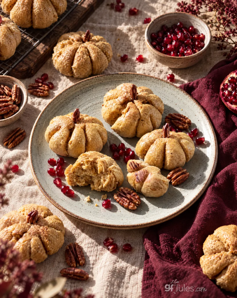 Gluten Free Pumpkin Shaped Dinner rolls on plate with pomegranate seeds