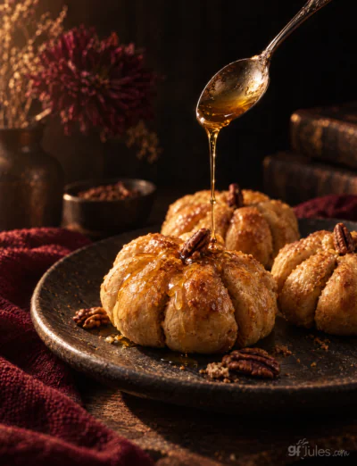 Gluten Free Pumpkin Shaped Dinner Rolls with honey drizzled over