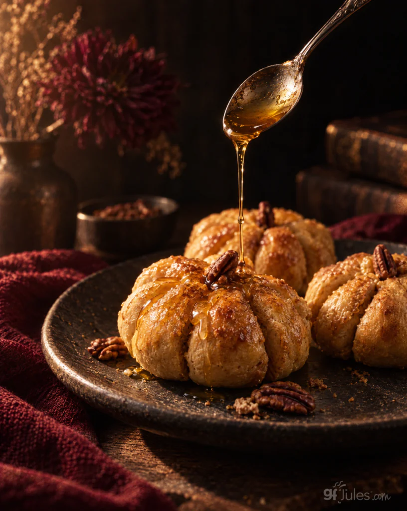 Gluten Free Pumpkin Shaped Dinner Rolls with honey drizzled over