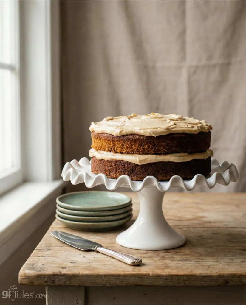 gluten free vegan apple butter cake on stand