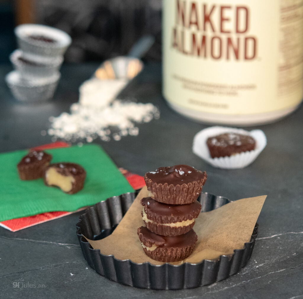 Stacks of Homemade Almond Butter Cups Healthy with Naked Almond Protein Powder