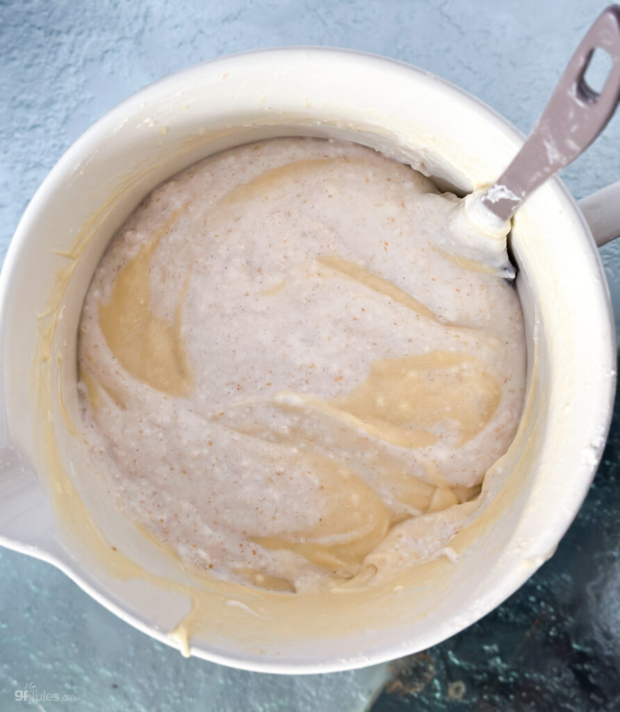 gluten free sourdough pancake batter with sourdough starter swirled through 