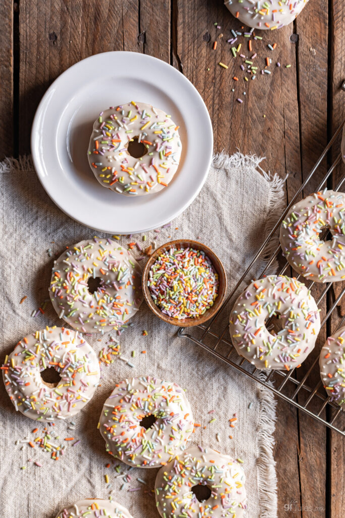 grain free donuts overhead with sprinkles on wire rack