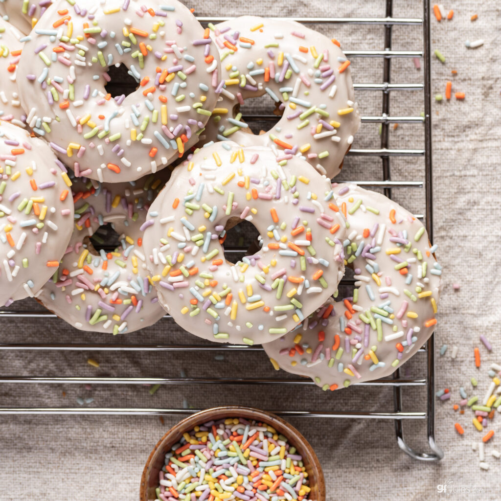 grain free donuts overhead with sprinkles