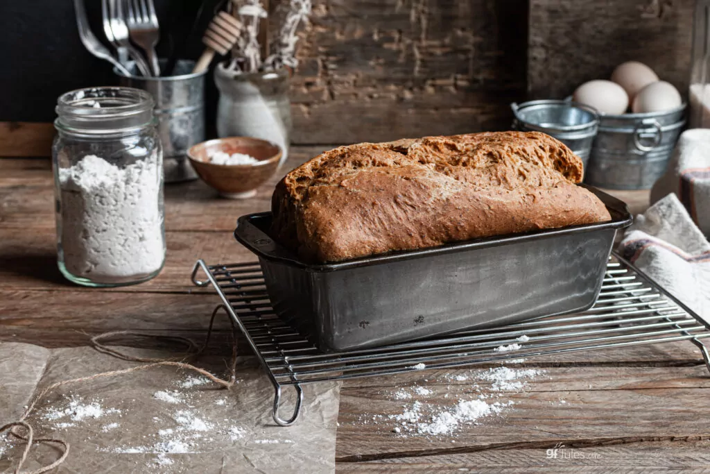 corn free gluten free sandwich bread loaf in dark pan