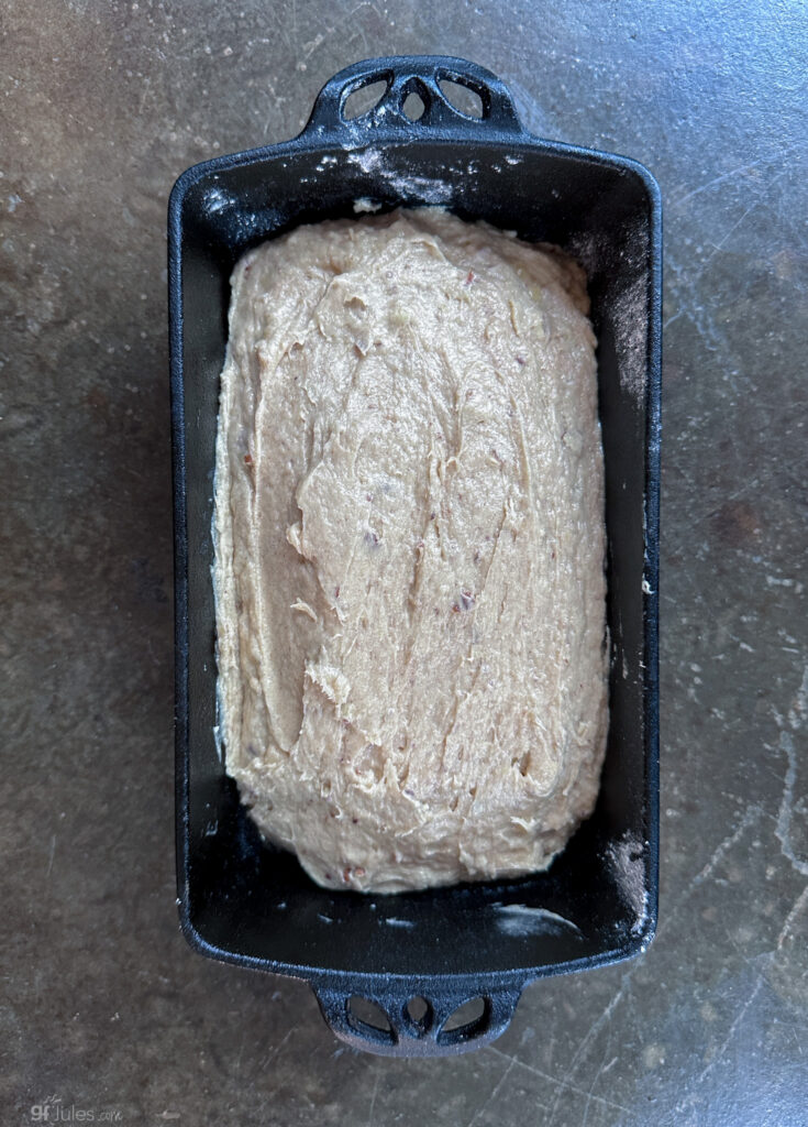 Gluten Free Sourdough banana bread batter in pan before baking -1-2
